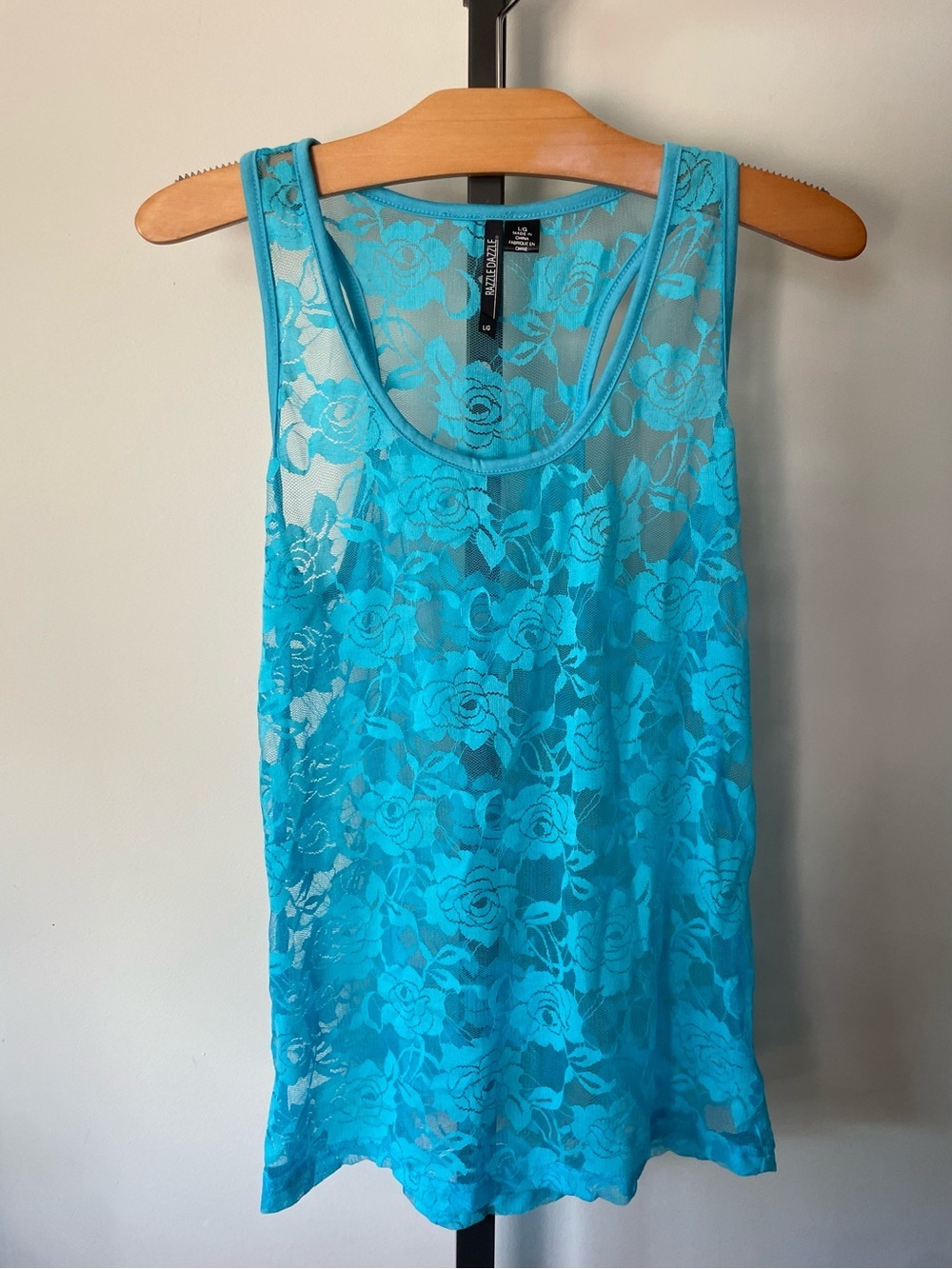 Razzle Dazzle Lace Sheer Tank Top Blue Roses Size Large